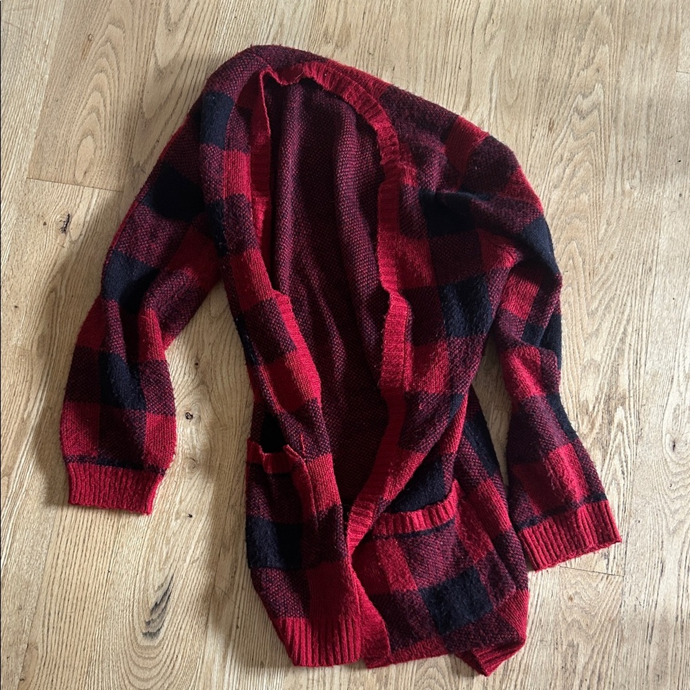 Maurices Red and Black Plaid Open-Front Cardigan Sweater